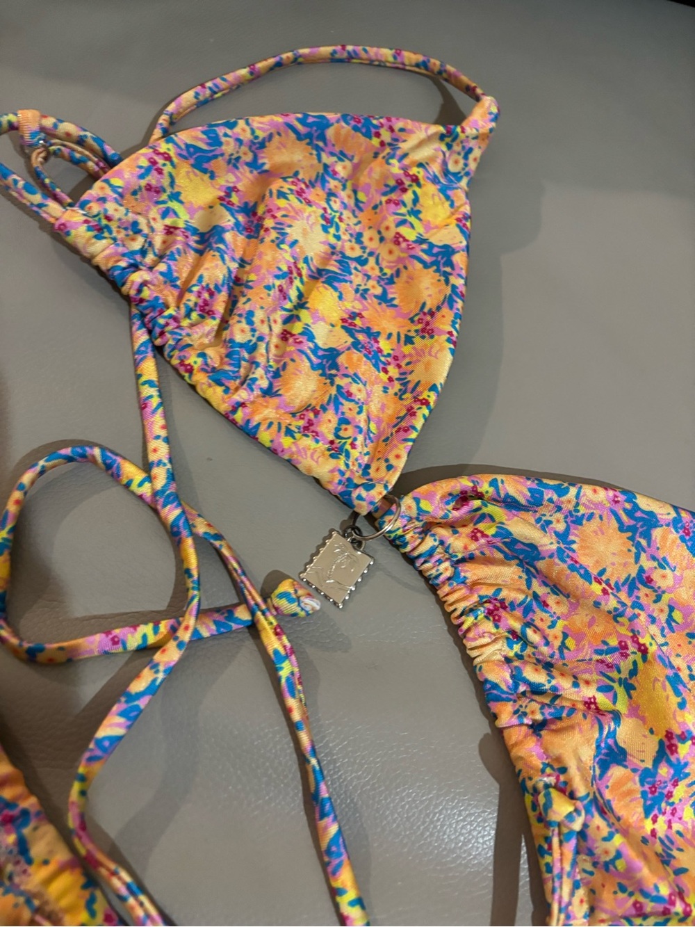 Floral Tie-Strap Triangle Bikini Top - Vibrant Yellow & Blue